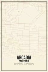 Retro US city map of Arcadia, California. Vintage street map.