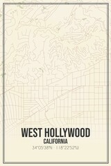 Retro US city map of West Hollywood, California. Vintage street map.