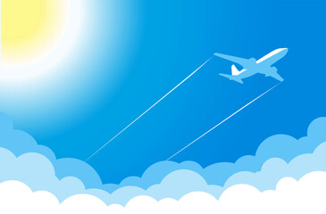 Fototapeta na wymiar White plane in blue sky flies above clouds near hot sun. Vector background template for webpage header 