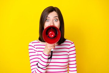 Fototapeta premium Photo of pretty woman lady promoter arm hold megaphone announces sale clothes shop center isolated on yellow color background