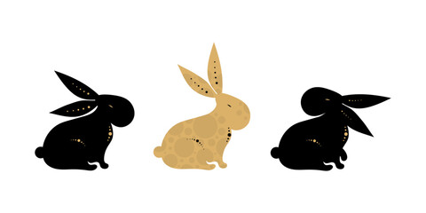 Three cute rabbits. Black and gold. Vector illustration for Chinese New Year, Easter, psychology.
