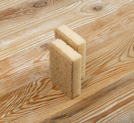 Natural Sponge on Wooden Table, Eco Brown Sponges, Eco Friendly Hygiene Accessory, Scotch Brite Dishwasher