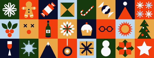 Christmas pattern. Minimal mosaic geometric elements ornamental square tiles, simple shapes forms, gift box packaging design. Vector background