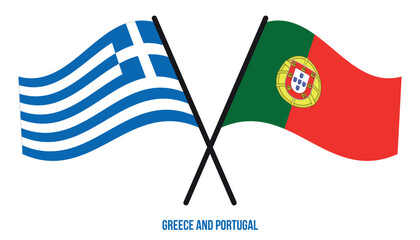 Greece and Portugal Flags Crossed And Waving Flat Style. Official Proportion. Correct Colors.