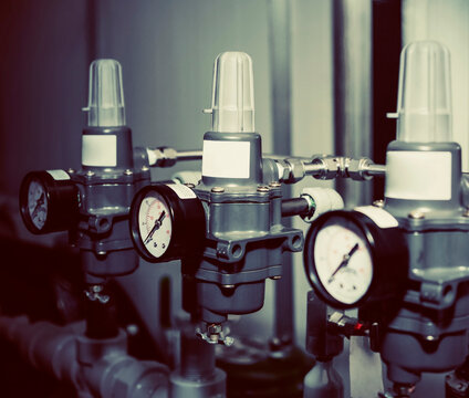 Close up of gauges and components of instrumentation and controls manufactured in a fabrication plant; Innisfail, Alberta, Canada