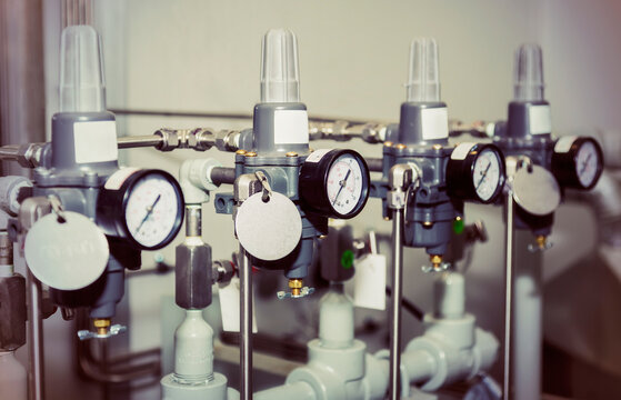 Close Up Of Gauges And Components Of Instrumentation And Controls Manufactured In A Fabrication Plant; Innisfail, Alberta, Canada