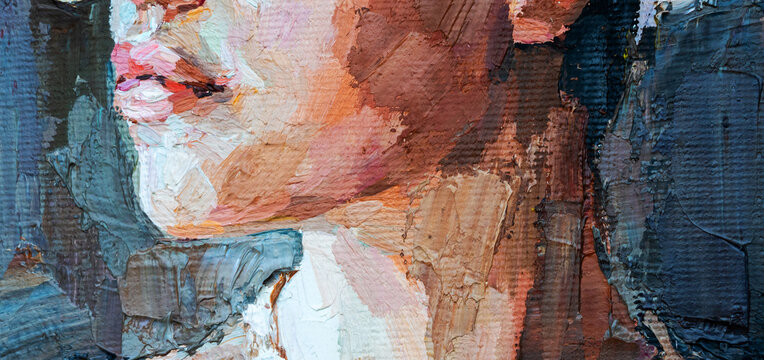 The girl is drinking coffee in a cafe. Woman with a cup in her hand. Oil painting on canvas.