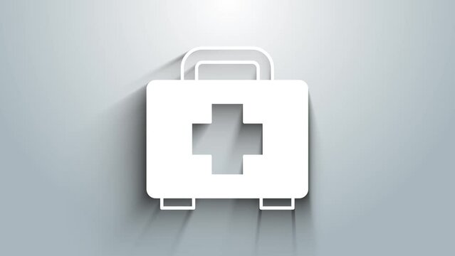 White First aid kit icon isolated on grey background. Medical box with cross. Medical equipment for emergency. Healthcare concept. 4K Video motion graphic animation