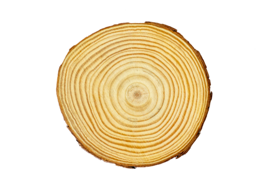 Fresh cut of a young tree. A piece of tree trunk or branch cut from the forest. Textured surface with rings. Neutral brown hardwood forest background on transparent background png