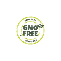 GMO free and natural products sticker, stamp, badge, label and logo with grunge effect. Ecology icon. Logo template with green leaves for GMO free and natural products. Vector illustration