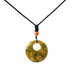 Necklace pendant made of unakite natural stone on a white isolated background. Isoteric, protection.