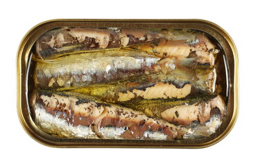 Open can of sardines in olive oil isolated on white, top view 