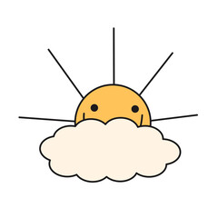 Cloud with sun. Outline style, 70s. Trending vector