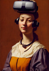 woman with Virtual Reality Headset Device, oil painting, Generative AI Illustration