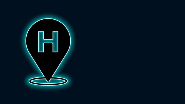 Glowing neon line Medical map pointer with cross hospital icon isolated on black background. 4K Video motion graphic animation
