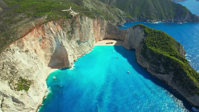 Aerial view of the Navagio beach with the famous wrecked ship in Zante, Greece.