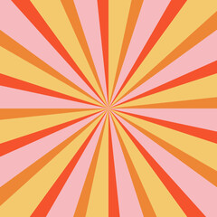 Groovy retro burst sun rays background. Vintage colorful abstract geometric pattern. Vector summer hippie carnival illustration for poster, flyer, greeting card, banner.