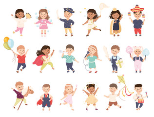 Smiling Girl and Boy Playing and Having Fun Engaged in Different Activity Big Vector Set