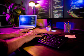 Photo of freelancer arms hands typing creating web start up modern gadget indoors workplace...