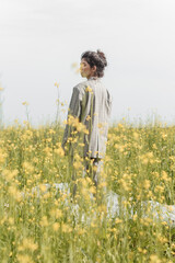 An Asian model poses in a field of yellow flowers for a clothing brand, polyethylene is the main...