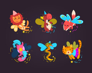 Winged Animal Characters Flying with Magic Wand Vector Set