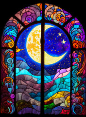 Stained glass crescent moon, vertical. Generative AI