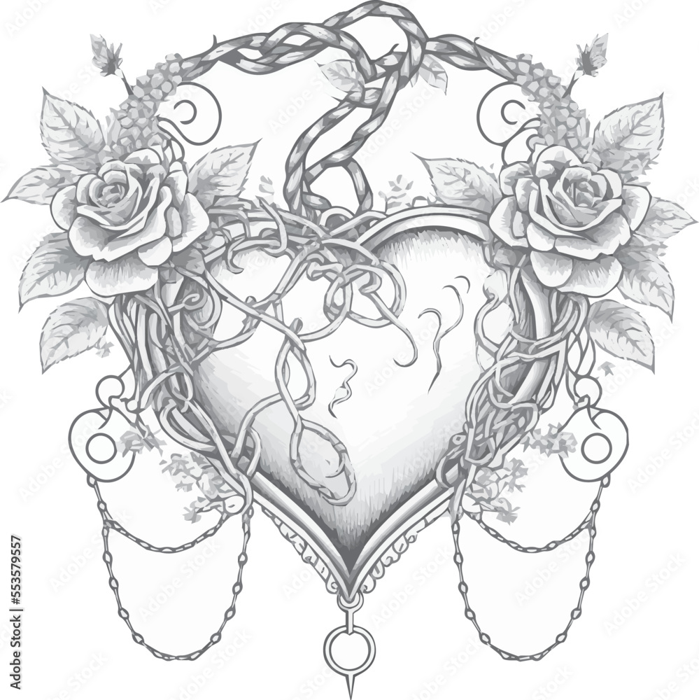 Sticker heart covered with roses and chains