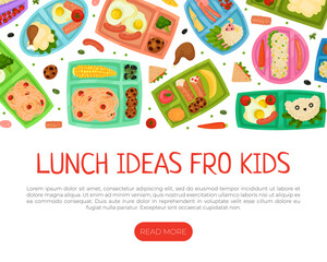 Tasty Lunch Box Banner Design with Healthy Meal for Kids Vector Template