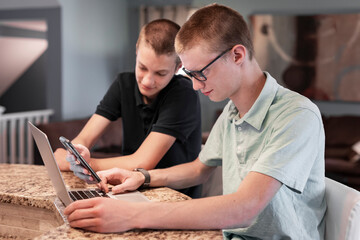 Young adult brothers using laptop computer and smart phone together at home; Edmonton, Alberta, Canada