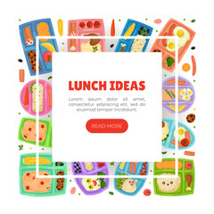 Fototapeta na wymiar Tasty Lunch Box Banner Design with Healthy Meal for Kids Vector Template