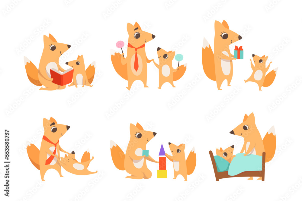 Wall mural loving fox mom and dad character with its cub engaged in different activity vector set