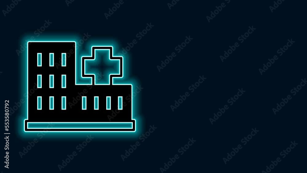 Wall mural glowing neon line medical hospital building with cross icon isolated on black background. medical ce