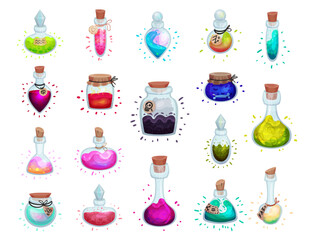 Magic Potion Glass Corked Bottles as Alchemist Liquids Big Vector Set