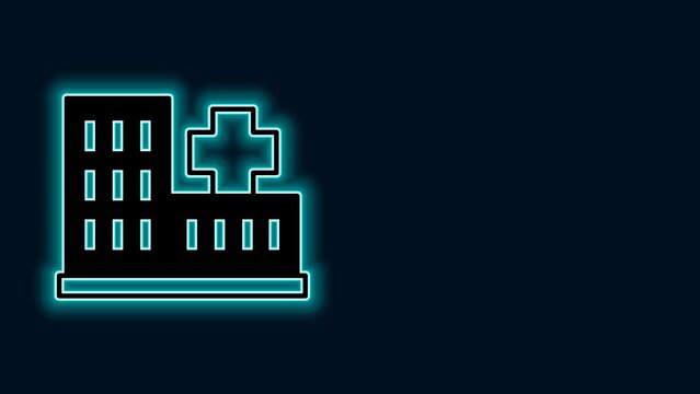 Glowing neon line Medical hospital building with cross icon isolated on black background. Medical center. Health care. 4K Video motion graphic animation