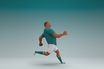 Obraz na płótnie Canvas An athlete wearing a green shirt and white pants is runing. 3d rendering of cartoon character in acting.
