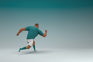 Fototapeta na wymiar An athlete wearing a green shirt and white pants is runing. 3d rendering of cartoon character in acting.