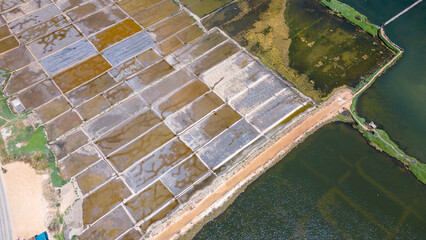 Fototapeta premium Aerial shot of Salinas de Cáhuil and Laguna Cáhuil (Pichilemu) – Chile 