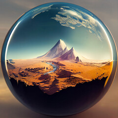 mountain landscape in a glass ball, created with Generative AI