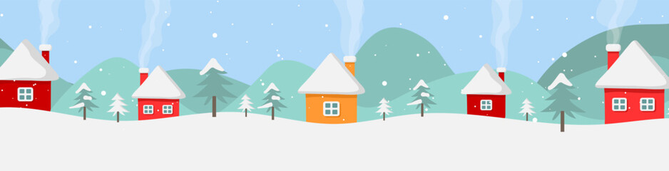Christmas landscape with houses with snow and fir trees