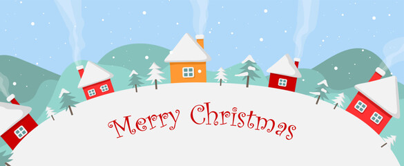 Merry Christmas card. Christmas landscape with houses with snow and fir trees