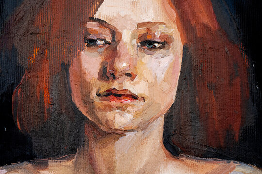 A young red head girl in a detailed lace outfit against a black background. Oil painting on canvas.