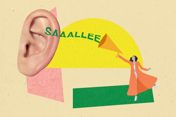 Collage photo of young woman hold microphone loudspeaker announcement big abstract ear listen sale...