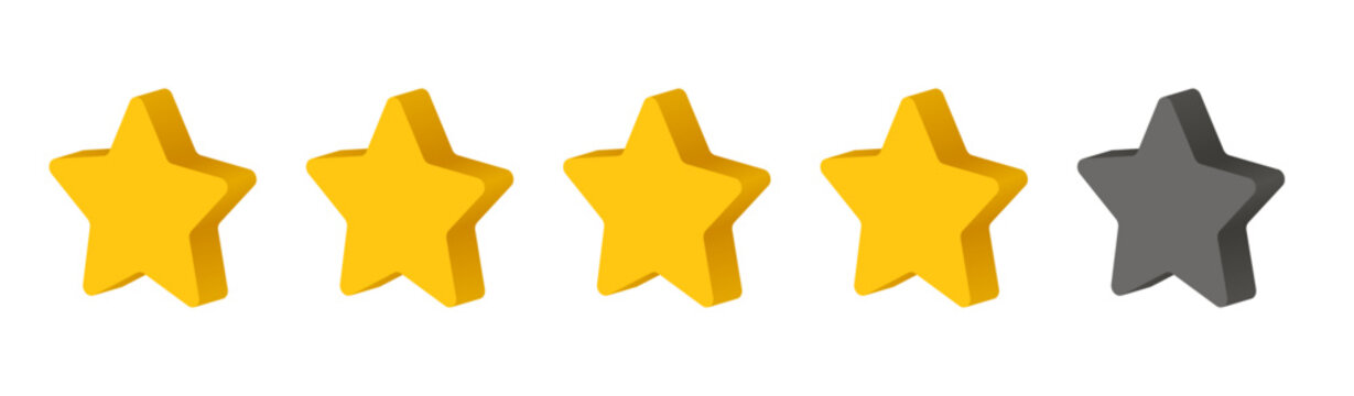 Isometric golden stars. Rating five stars. Vector gold stars to indicate the rating of products or films.