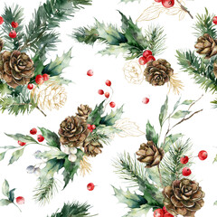 Watercolor Christmas seamless pattern of gold pine cone, branch, red berries and leaves. Hand painted holiday plants isolated on white background. Illustration for design, print, fabric, background. - 553583548