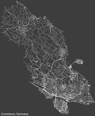 Detailed negative navigation white lines urban street roads map of the German town of KONSTANZ, GERMANY on dark gray background