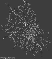 Detailed negative navigation white lines urban street roads map of the DETTINGEN QUARTER of the German town of KONSTANZ, Germany on dark gray background