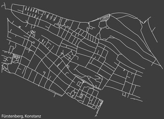 Detailed negative navigation white lines urban street roads map of the FÜRSTENBERG QUARTER of the German town of KONSTANZ, Germany on dark gray background