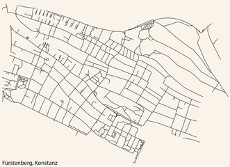 Detailed navigation black lines urban street roads map of the FÜRSTENBERG QUARTER of the German town of KONSTANZ, Germany on vintage beige background