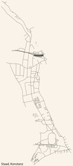 Detailed navigation black lines urban street roads map of the STAAD QUARTER of the German town of KONSTANZ, Germany on vintage beige background