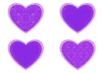 Set of 4 heart shaped valentine's cards. 2 with pattern, 2 with copy space. Neon proton purple background and glowing pattern on it. Cloth texture. Hearts size about 8x7 inch / 21x18 cm (p07-1bc)